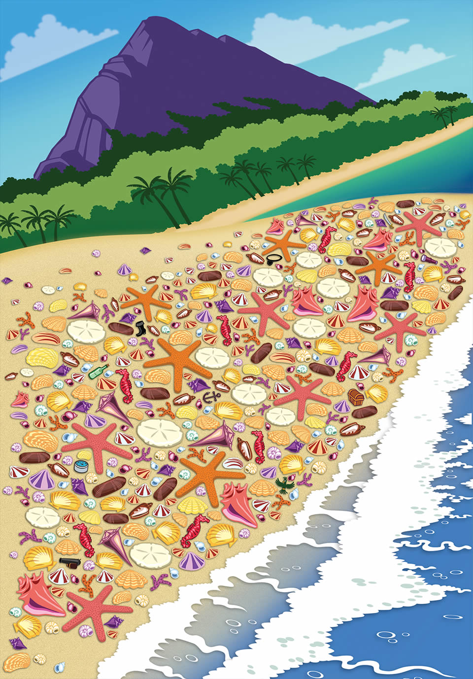 A puzzle/Search featuring a brightly colored beach with objects that DO and DO NOT belong there.