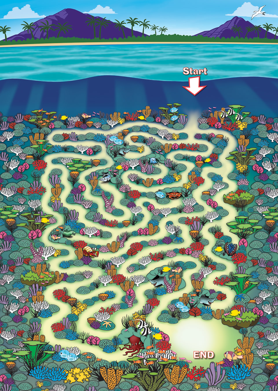 A puzzle/maze featuring a brightly colored coral reef illustration.